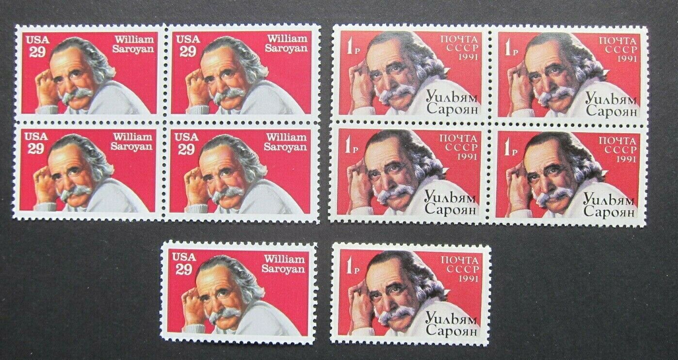 Us/russia #2538/6002, William Saroyan 1991 Joint Issue, 2 B4 And 2 Singles, Mnh