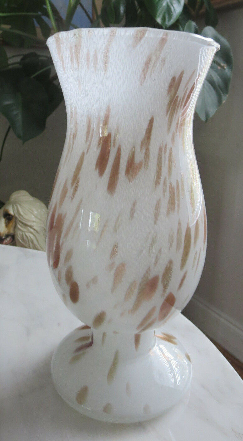 Vintage Mcm 12" Murano White Swirl Aventurine Handblown Glass Vase Italy