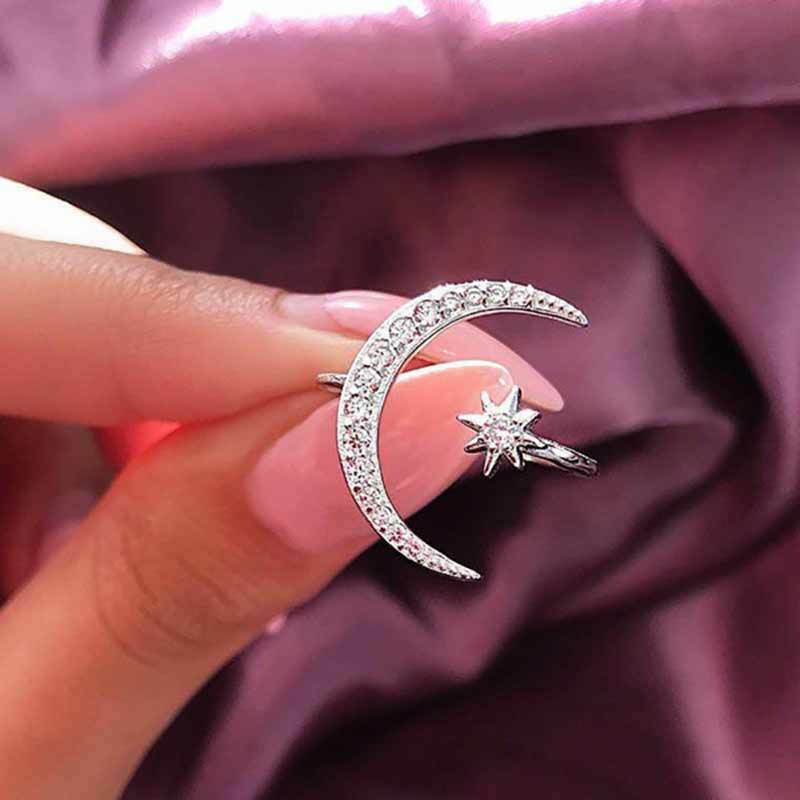 Star Moon 925 Silver,rose Gold,gold Women's Rings Cubic Zirconia Size adjustable
