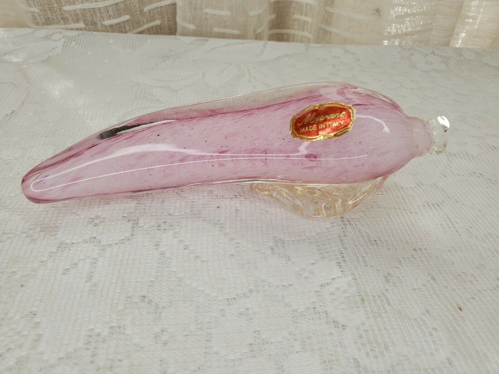 Murano Glass Pink Banana With Gold Inside Of Leaf Paperweight Figurine