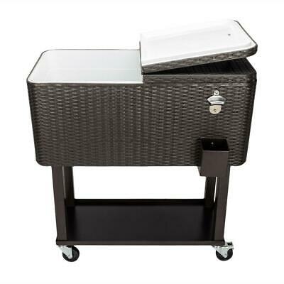 Outdoor Rattan 80qt Party Patio Rolling Cooler Cart Ice Beer Beverage Chest Cool