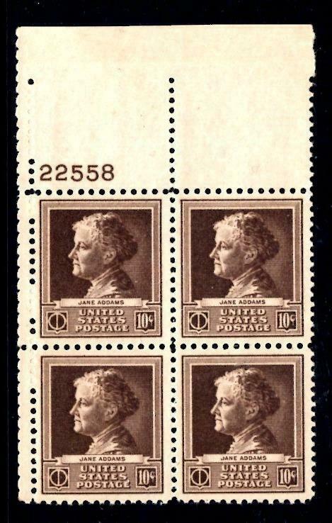 1¢ Wonder ~ Us #878 Vf Mnh Plate Block 10¢ Jane Addams Famous American 1940 ~j62