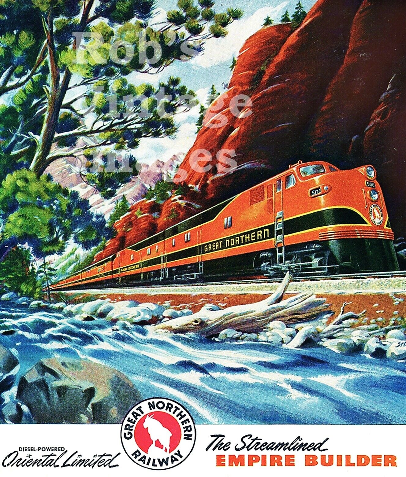 1946 Great Northern Railroad Poster Empire Builder  Oriental Limited Train