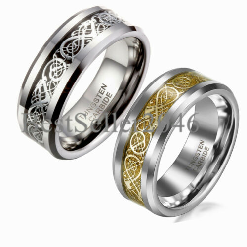 Men Tungsten Carbide Ring Wedding Band 8mm Biker Celtic Dragon Inlay Polish