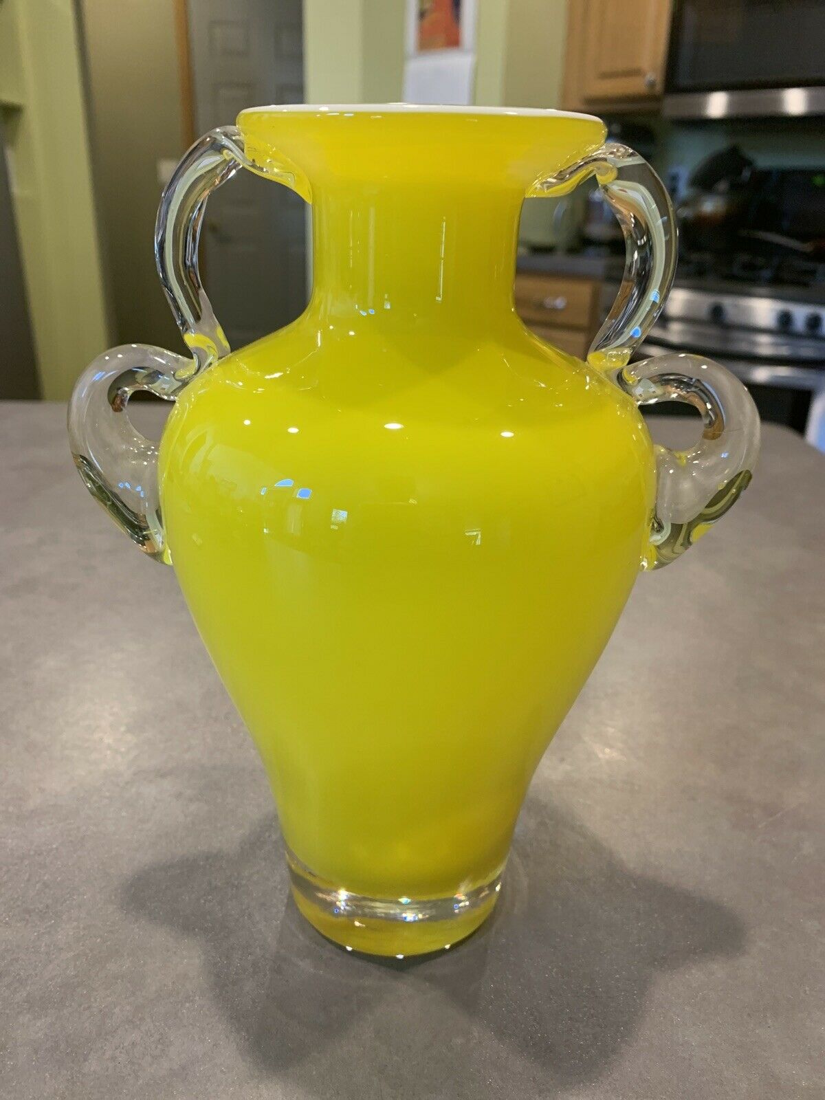 Vintage Italian Victorian Art Glass Vase Clear Double Handles Yellow Cased