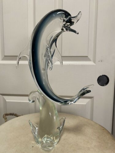 Vintage Formia Vetri Di Murano Dolphin Wave Blue Art Glass Sculpture 16.5" Rare!