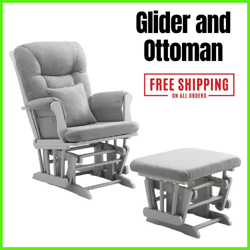 Glider And Ottoman Gray W/ Gray Cushion Padded Arms And Pocket For Extra Storage