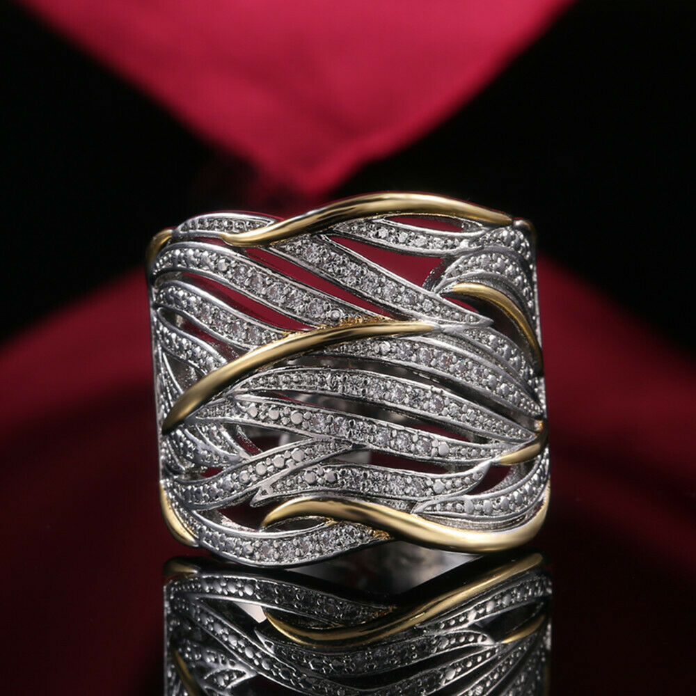 Fashion Two Tone 925 Silver Rings Women Cubic Zirconia Wedding Ring Size 6-10