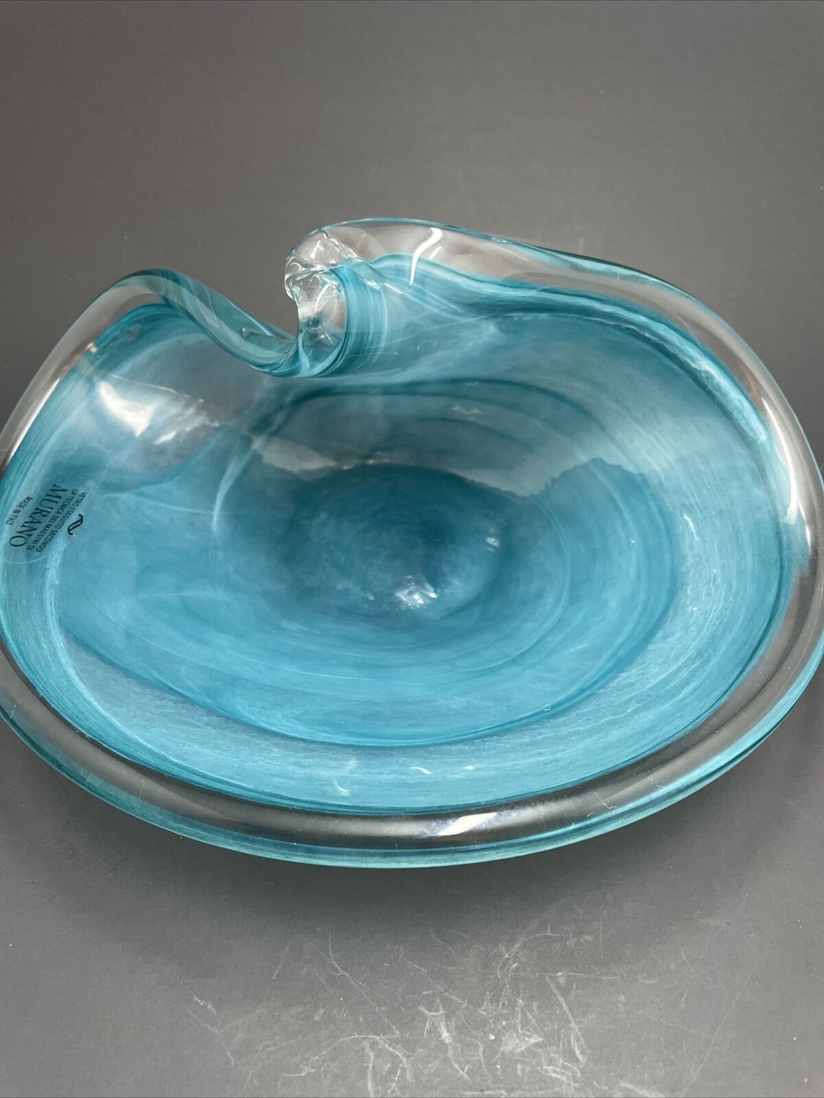 Blue Clear Murano Art Glass Dish Center Piece. Blue Wave Design.
