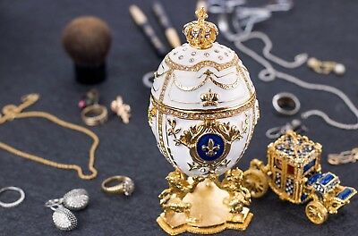 Royal Imperial White Faberge Egg: Extra Large 6.6” With Faberge Carriage