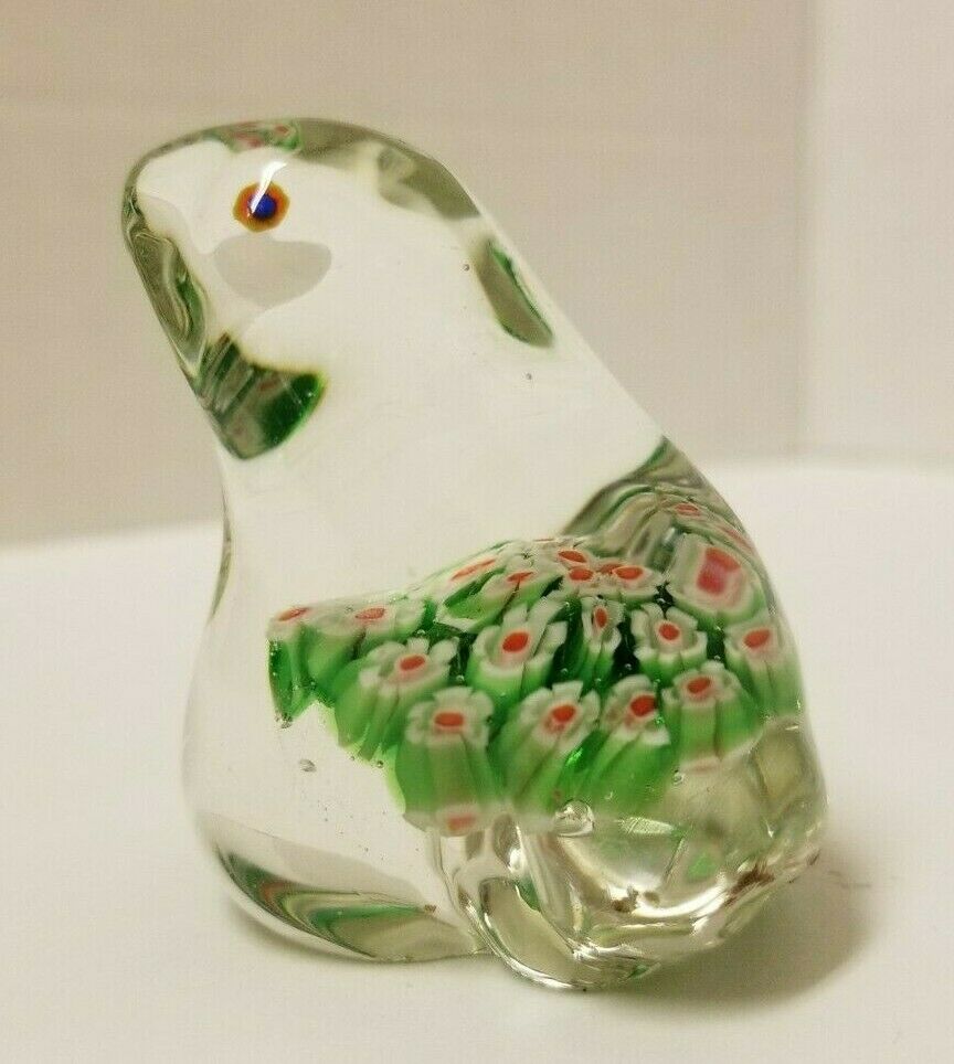 Vintage Art Glass Millefiori Paperweight Frog Red Green White Flowers