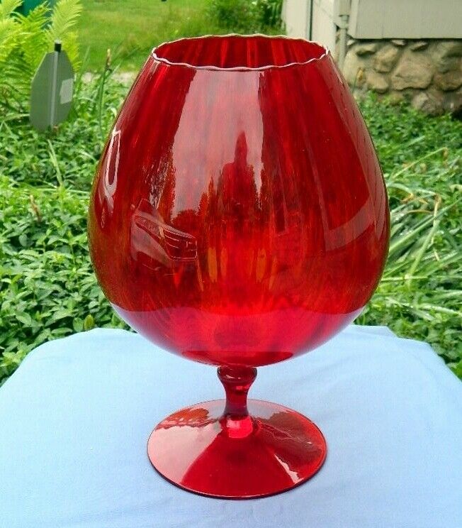 Italian Empoli Murano Ruby Red Art Glass Vase Bandy Snifter Bowl Mcm 12"