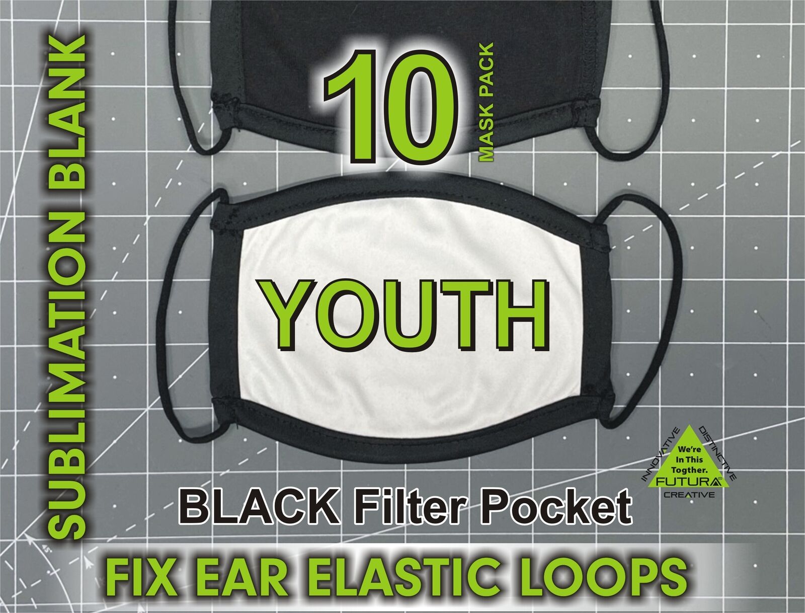 10 Sublimation Blank Youth White-black Trim Mask / Black Filter Pocket / Fixed E