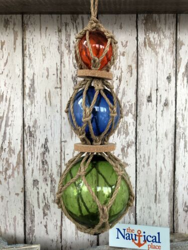 (3) Glass Fishing Floats On Rope ~ Nautical Fish Net Decor ~ Red, Blue, Green