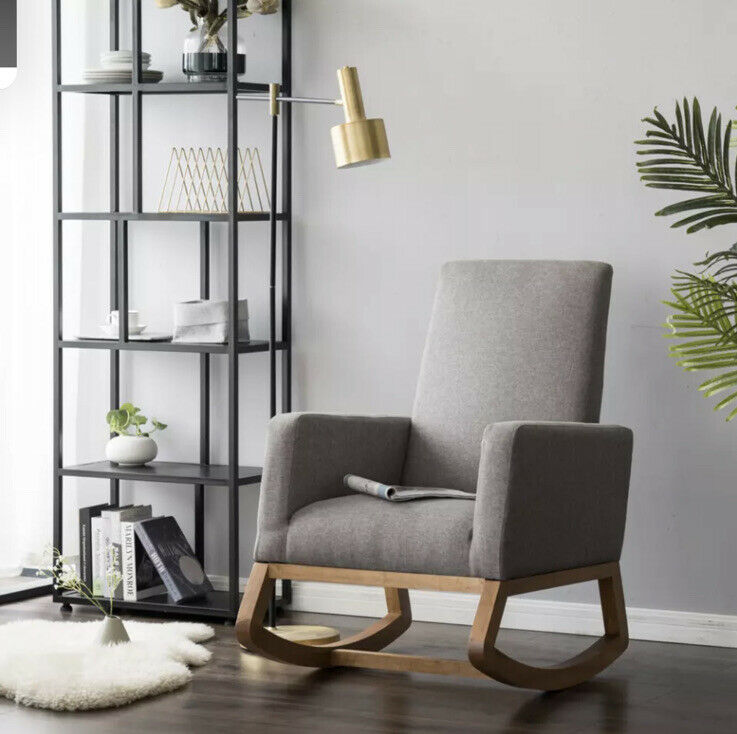Brand New Modern Rocking Chair Retro Solid Wood Fabric Gray