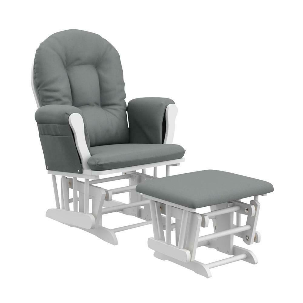 Hoop Glider White W/ Gray Cushion Ottoman Set, Smooth Nursery Rocking Chair