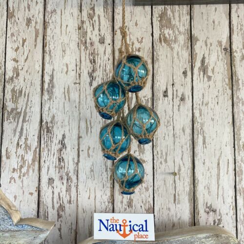 (5) - 2" Aqua Glass Fishing Floats On Rope ~nautical Fish Net Decor ~light Blue