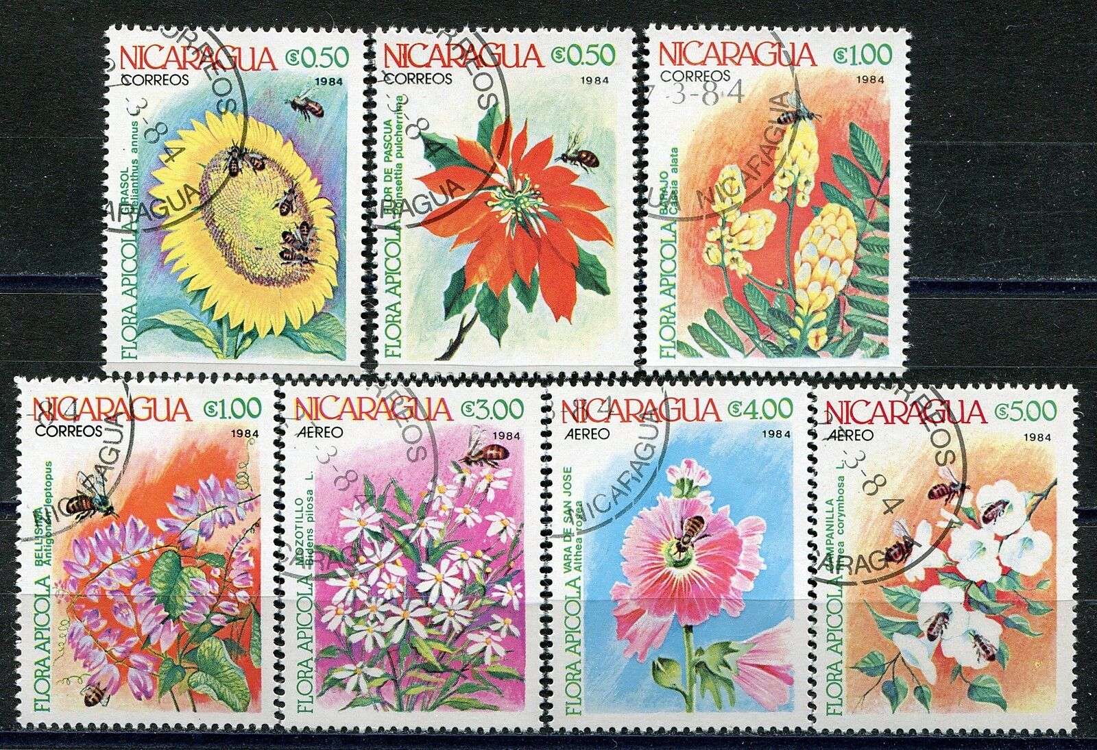 296 - Nicaragua - Flowers Apicola - Bees - Used Set