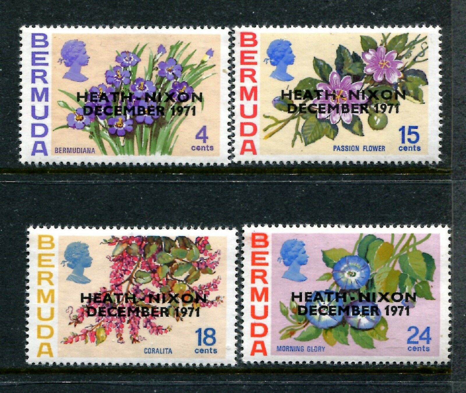 Bermuda 288 - 291 Mnh Qe Ii Flowers  Overprinted Heath - Nixon  1971. X20415