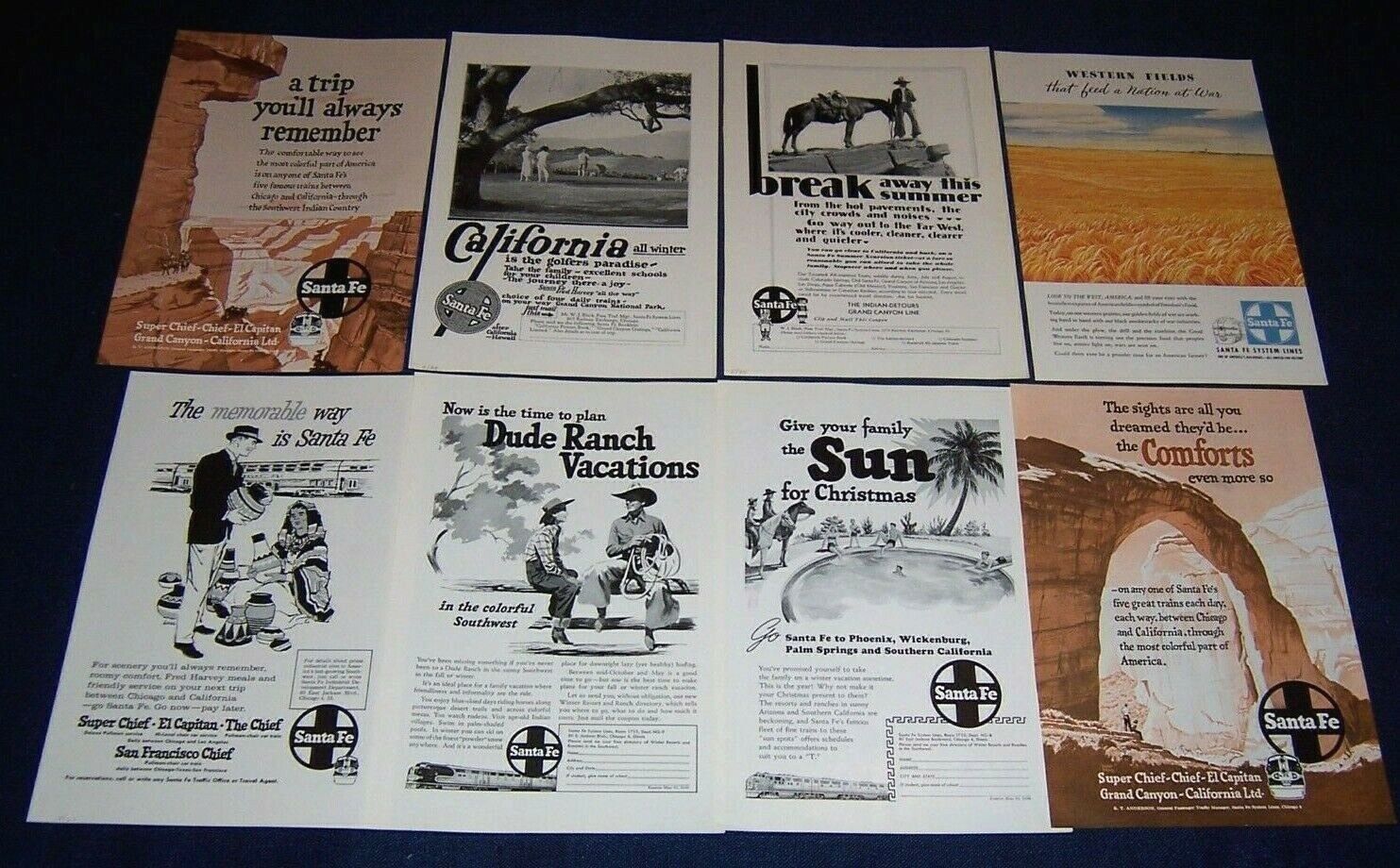 Lot Of 8 Ads~santa Fe Railroad Rr 1924-1962 Golf,grand Canyon,chief,indians Etc;