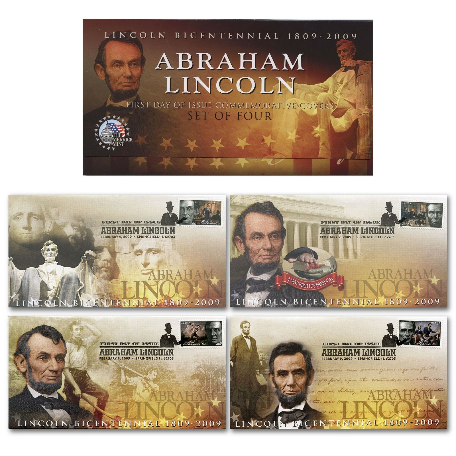 President Lincoln Bicentennial 2009 First Day Issue Stamps Postmark Envelope S/4