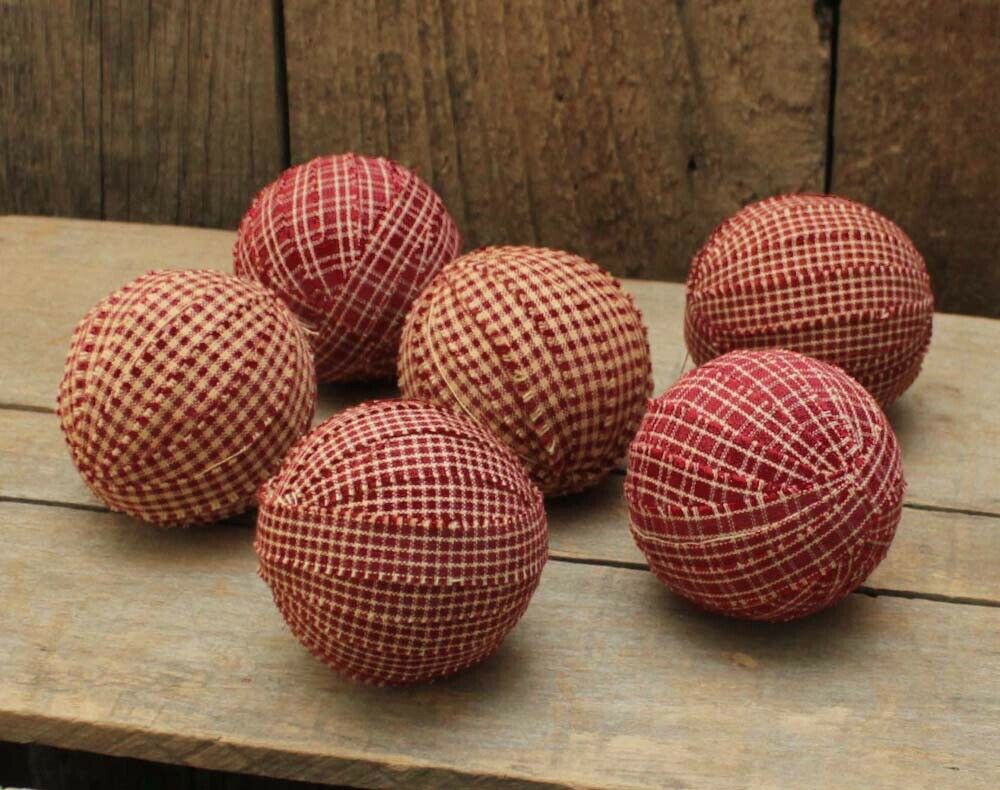 6 Homespun Rag Balls -- Burgundy/tan 2.5" -- Primitive Bowl Fillers