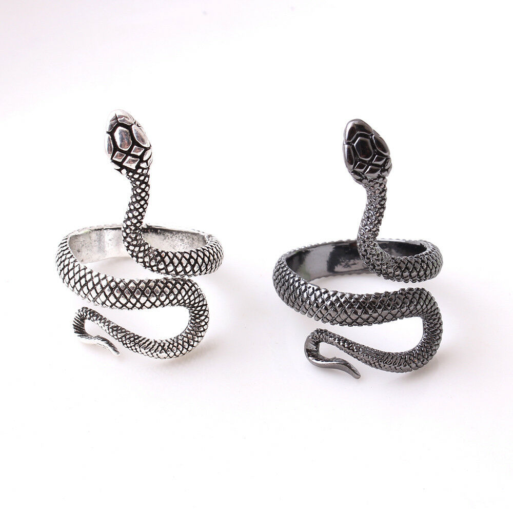 Punk Men Stainless Steel Black Silver Snake Open Adjustable Finger Ring Jewelry