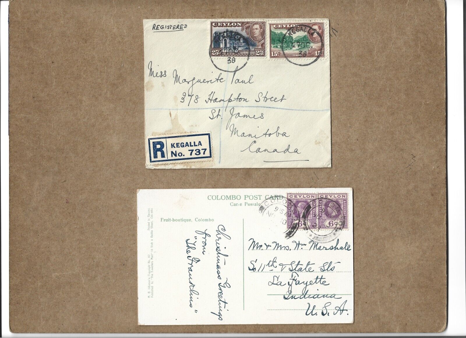 Ceylon- Very Fine Pair Of 1924 Card & 1933 Reg Cover(from Kegalla} To Us & Canad