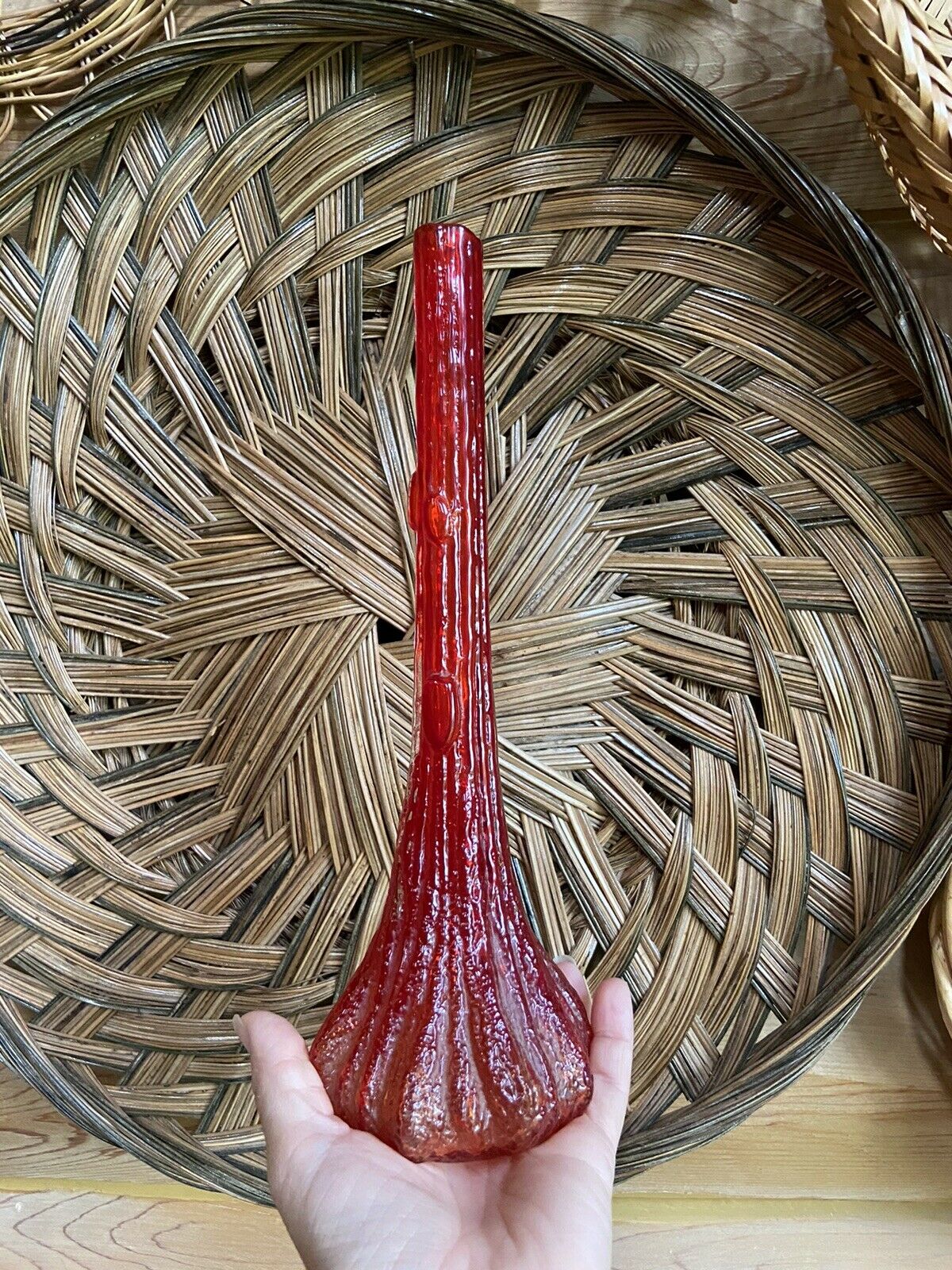 Rare Vintage Peedee Art Deco Red Japanese Glass Bud Vase, Bark Vase