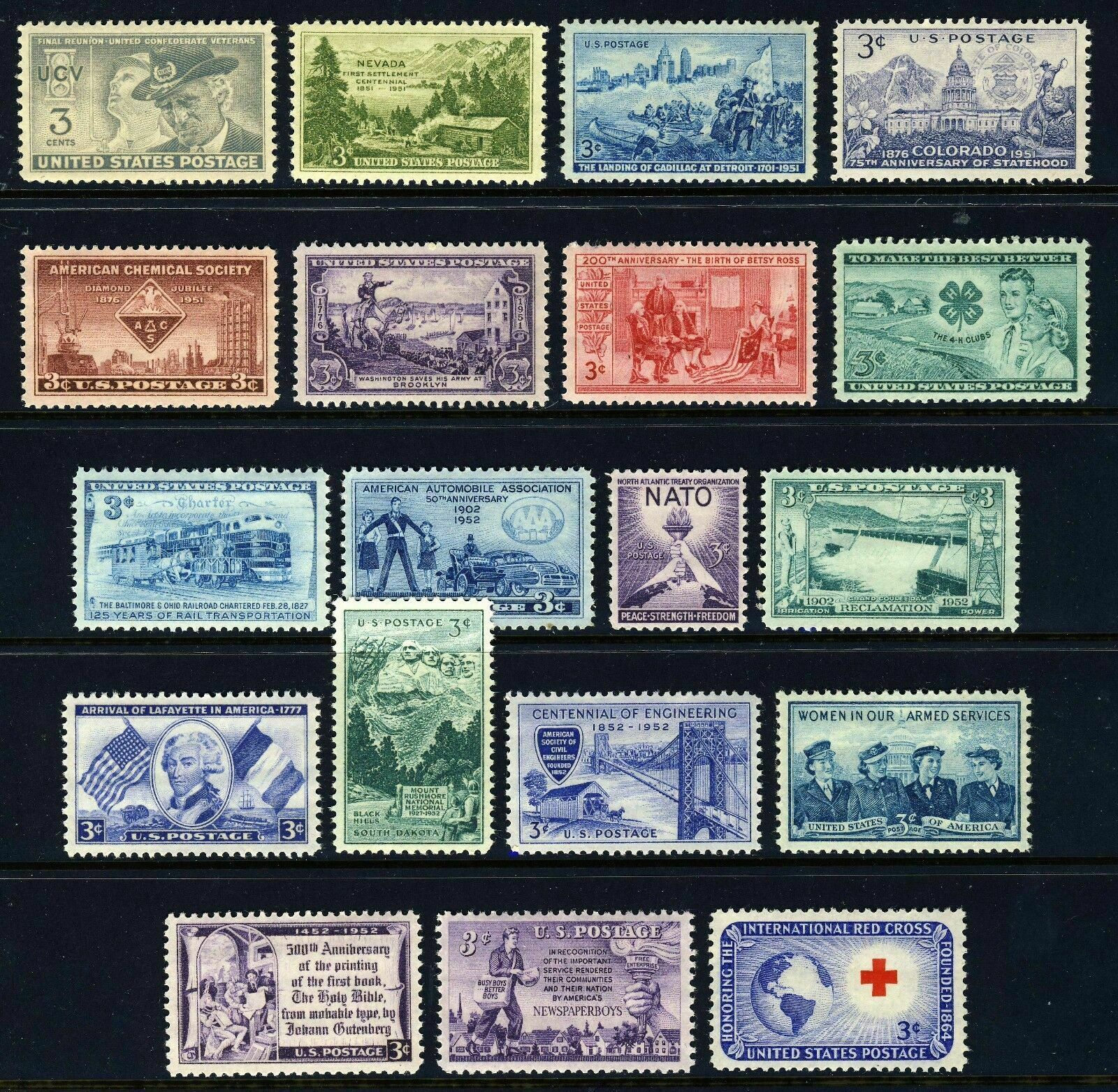 Us, 1951-52 Commemoratives Year Set #998-1016, 19 Stamps,  Og Mnh