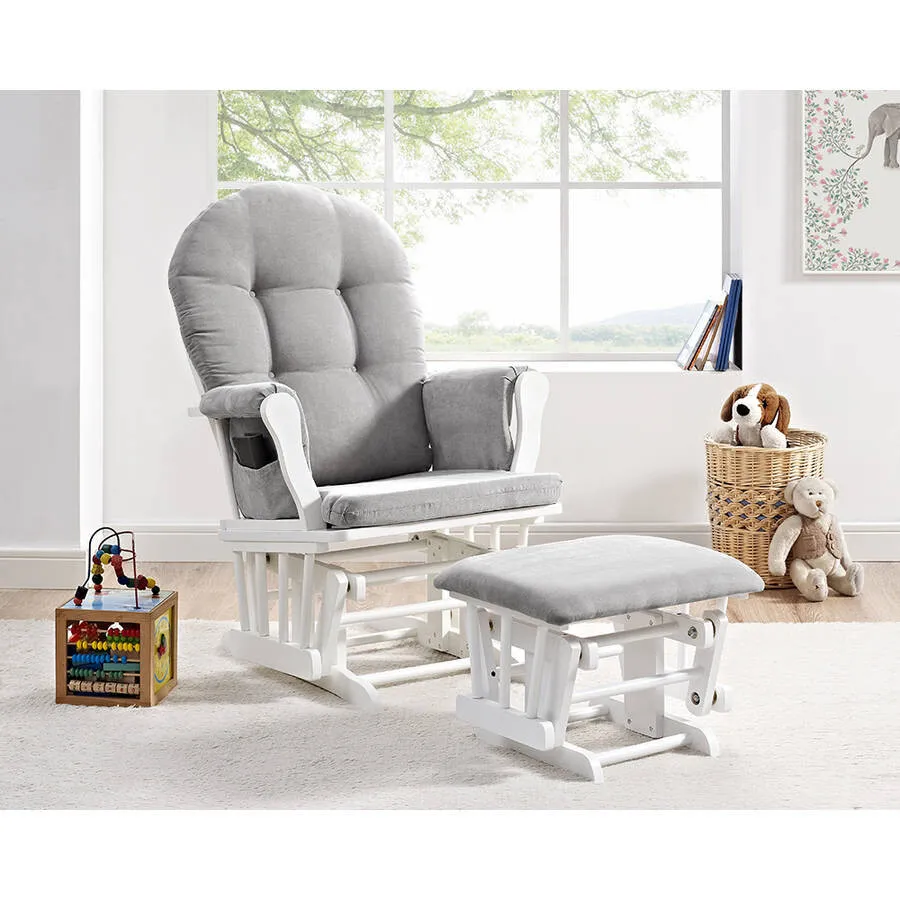 Windsor Glider And Ottoman, White Finish With Gray Cushions-