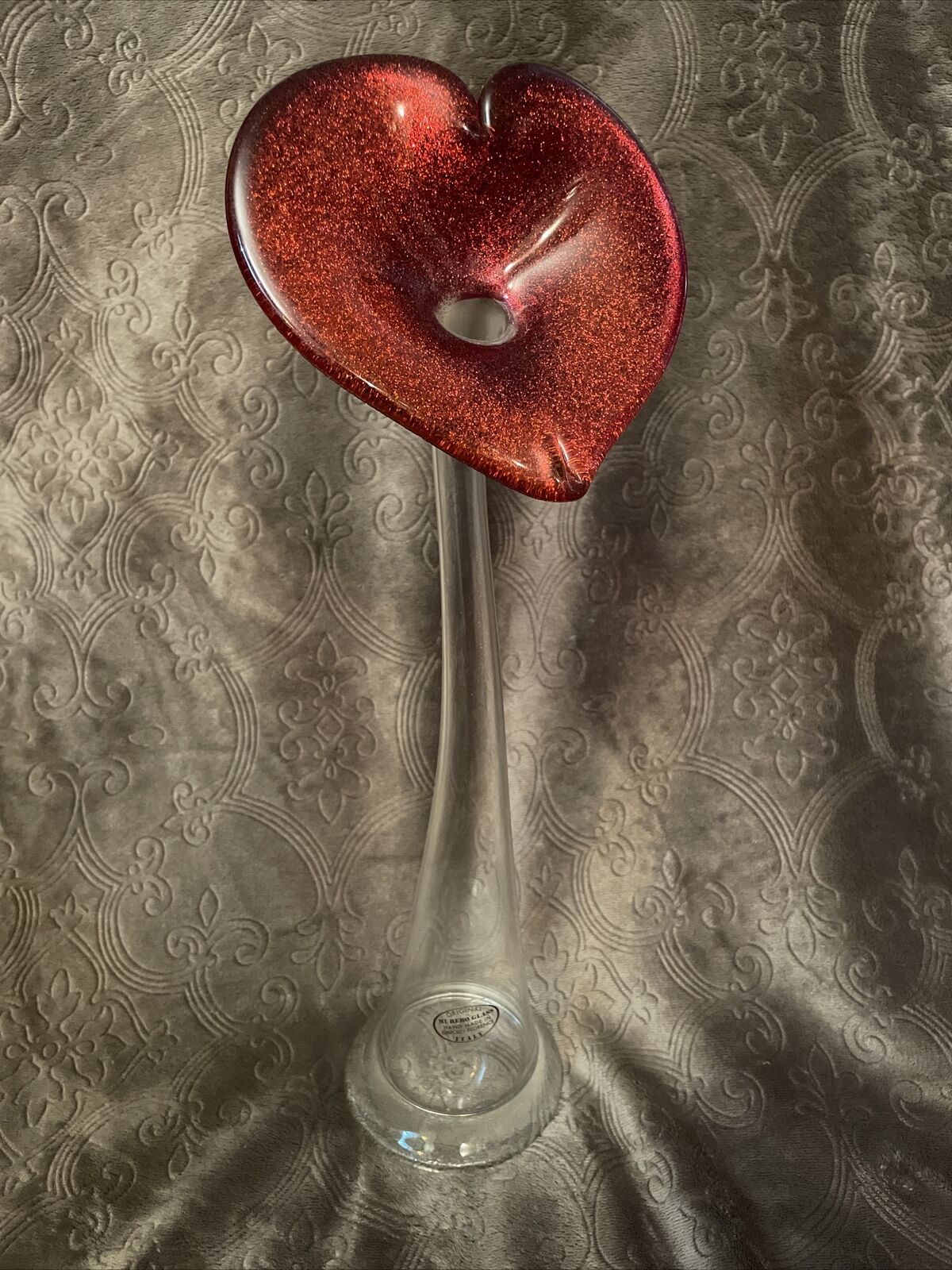 Original Murano Glass Bud Vase Clear With Glitter Heart Art Glass Detail.