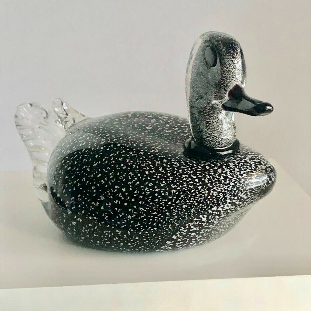 Hand Blown Art Glass Mallard Duck ~ Black, Clear & Silver Foil ~ Murano Style