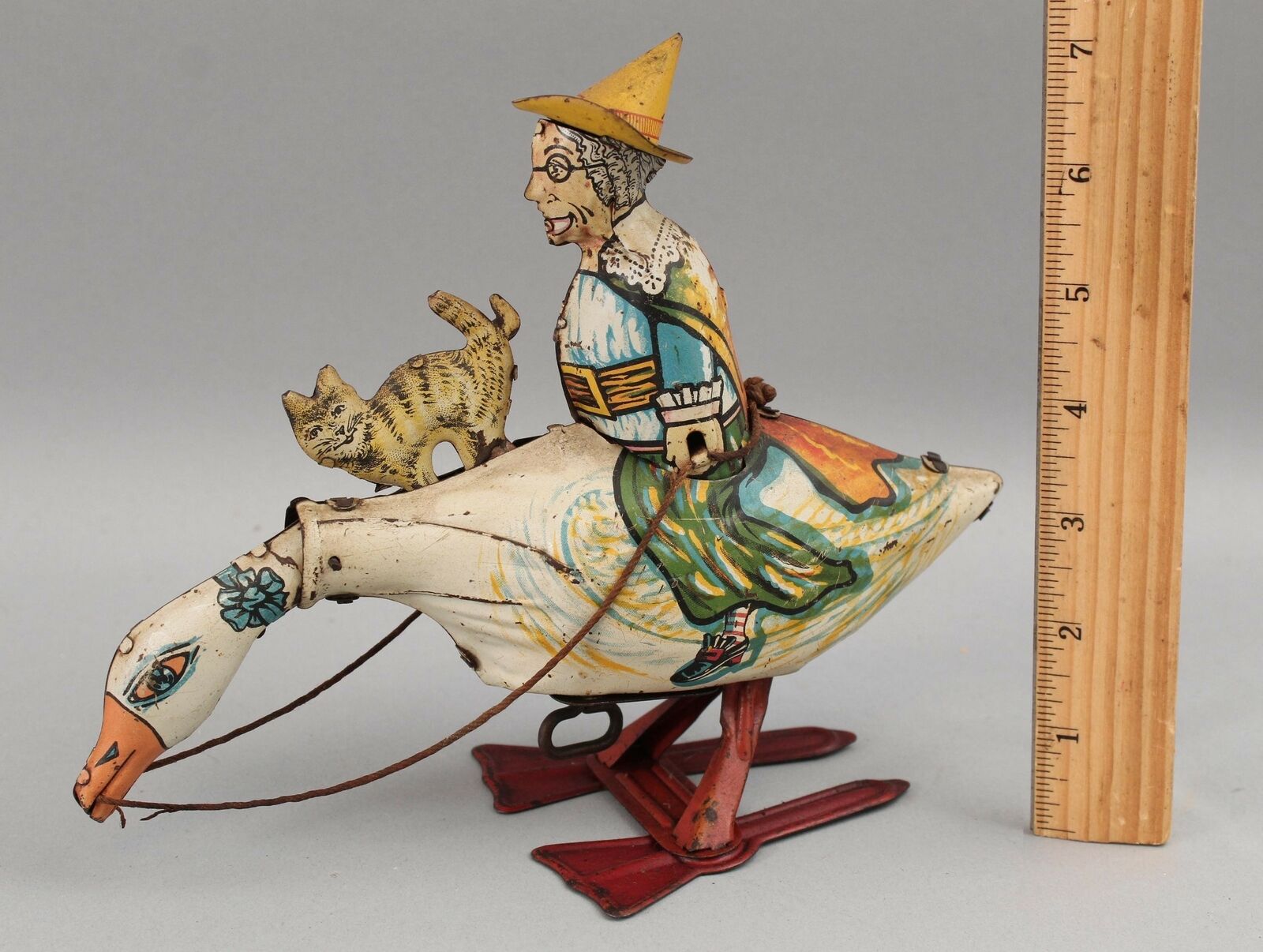 Antique Working 1920s Marx Galloping Mother Goose & Cat Wind Up Tin Toy, Nr