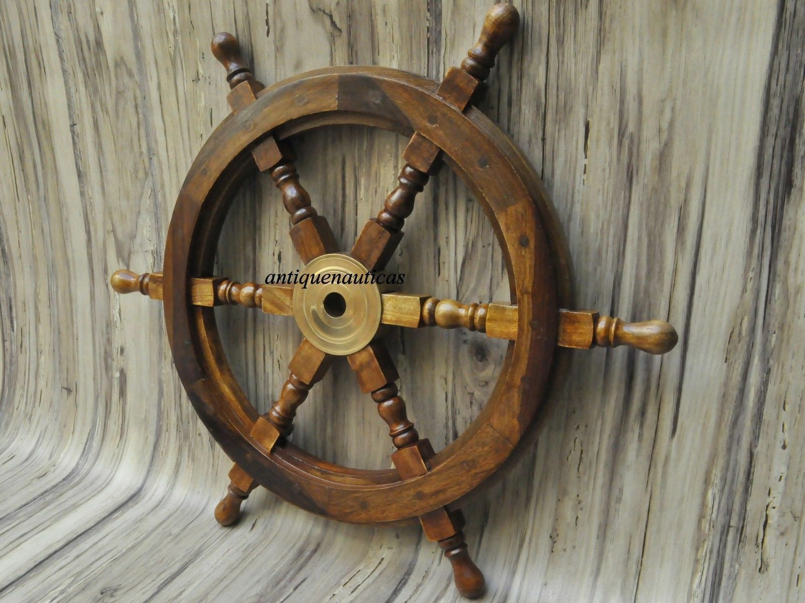 18"nautical Wooden Ship Steering Wheel Pirate Decor Wood Brass Fishing Wall Boat