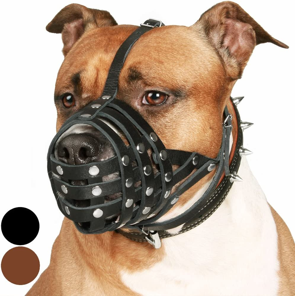 Pitbull Dog Muzzle Leather Amstaff Muzzles Staffordshire Terrier Secure Basket (
