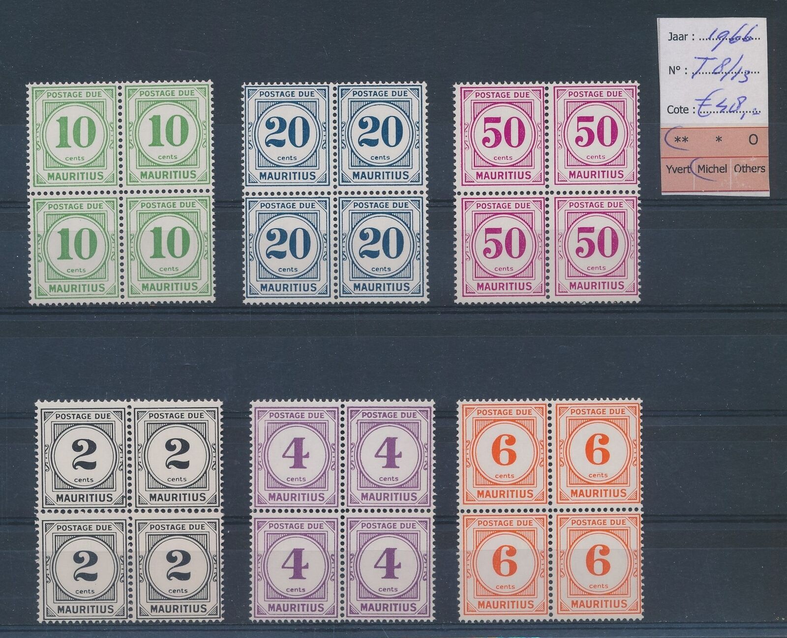 Lq18291 Mauritius 1966 Postage Due Blocks Of 4 Mnh Cv 48 Eur