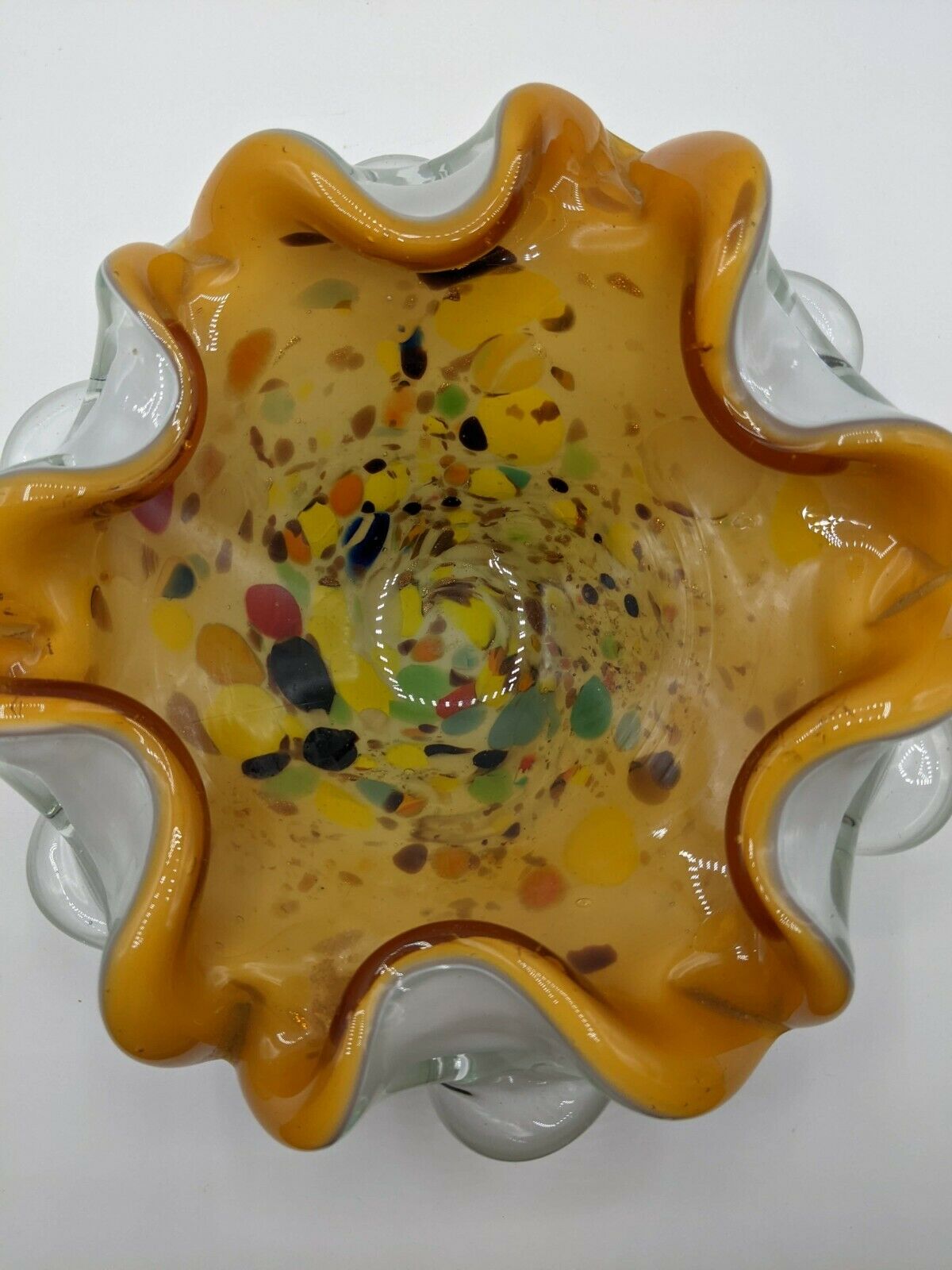 Mid Century Murano Glass Bowl 1950's - 60's Gold Flecks Confetti Double Flower