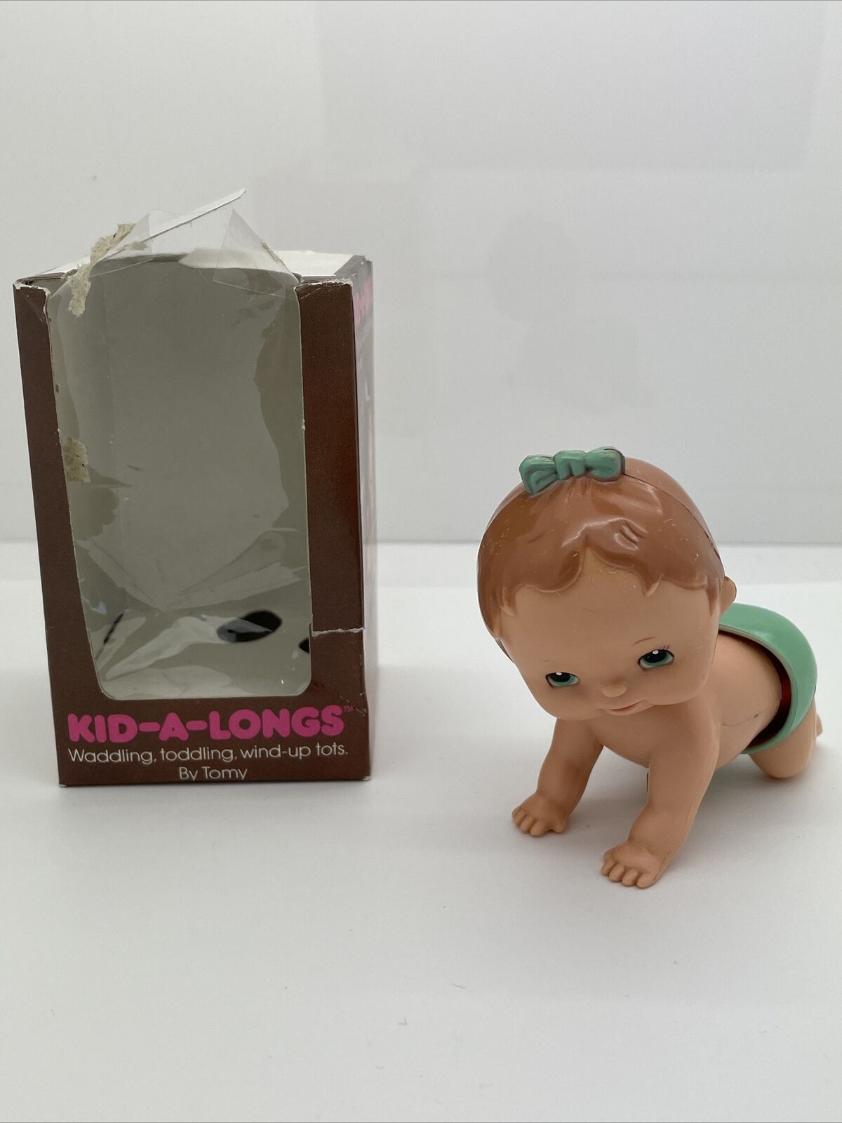 Vintage 1977 Tomy Corp Wind-up Crawling Baby Toy Kid-a-longs Teal Bow